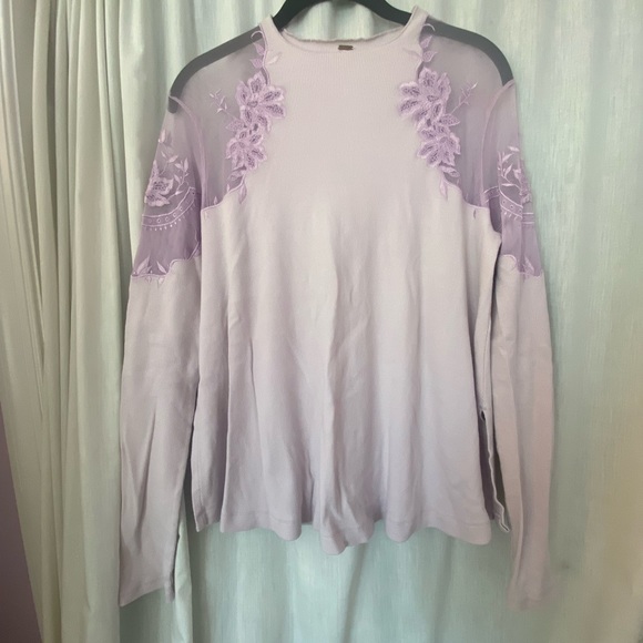 Free People Tops - Free People Romantic Lilac Long Sleeve Top with Mesh Shoulders Floral Embroidery
